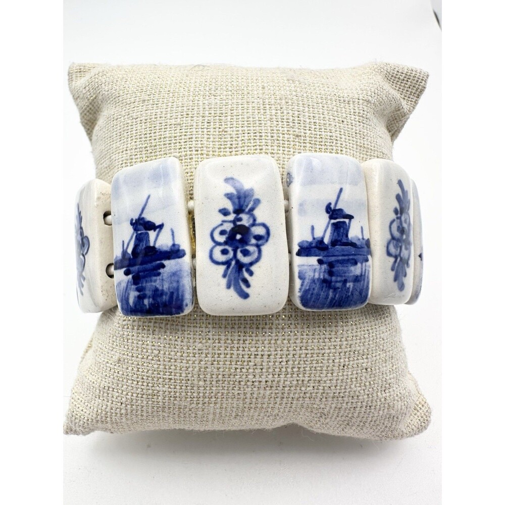 Vintage Hand Painted Ceramic Landscape Bracelet Stretchy Blue White